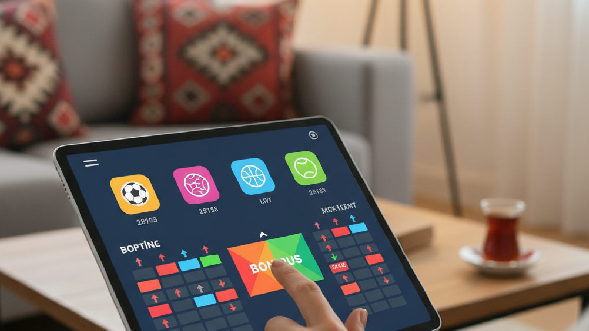 Hovarda canlı bahis platformunda sunulan bonus fırsatlarını gösteren bir tablet ekranı.